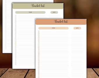 May include: Three bucket list printable pages in neutral colors. Each page has a header that says "Bucket list" with sections for "Items" and "Date". The pages are in shades of gray, green, and orange. The text "What is included" and "3 page download" are also visible.