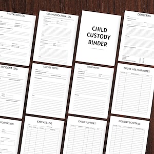 May include: A collection of white paper forms for a child custody binder, including sections for visitation, communication, incident logs, and court notes. The binder cover reads "CHILD CUSTODY BINDER" in bold black text. The forms are arranged on a dark wood surface.