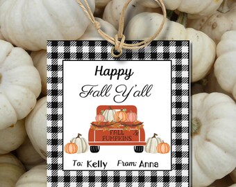 Happy Fall Y'all Gift Tags: Pumpkin Truck Plaid (PDF Printable) Fall gift, treat and goody bag tag. Happy fall gift tag, Happy Fall gift tag