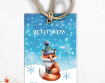 冬のキツネのギフトタグ、Let It Snowのホリデーギフト、冬、キツネのクリスマスタグ、森をテーマにした印刷可能なギフトタグテンプレート、クリスマスギフトラベル