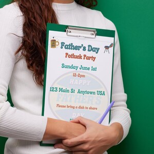 May include: A green clipboard with a white Father's Day potluck party invitation. The invitation includes the date, time, location, and a request to bring a dish to share.