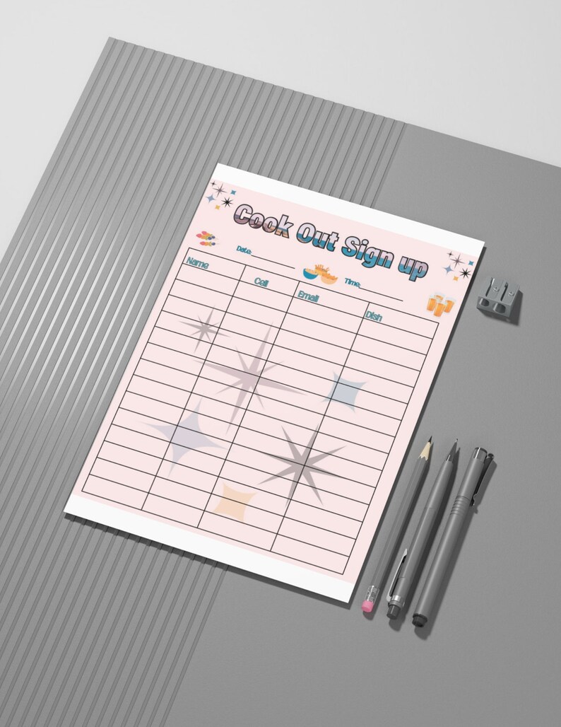 Printable Potluck Cook Out Sign up Sheet,summertime Cook Out Sign up