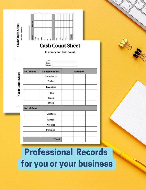 Printable Cash Count Sheet,daily Cash Tracker,daily Cash Log,printable Cash  Denomination Form Cash Reconciliation Sheet,register Audit