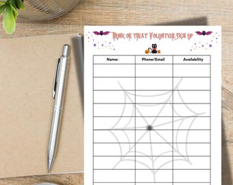 Trunk or Treat Volunteer Sign-Up Sheet: Trunk or treat volunteer sign up form, Printable Event Form,Halloween School PTO Volunteer sheet