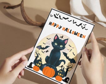 Black cat Halloween Card,Printable Happy Halloween cute and spooky black cat card,  black cat Halloween greeting card, Purrfect Halloween