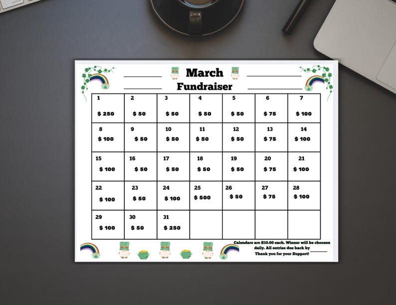 Printable March Cash Calendar Raffle: Sports & Dance Fundraiser (PDF ...