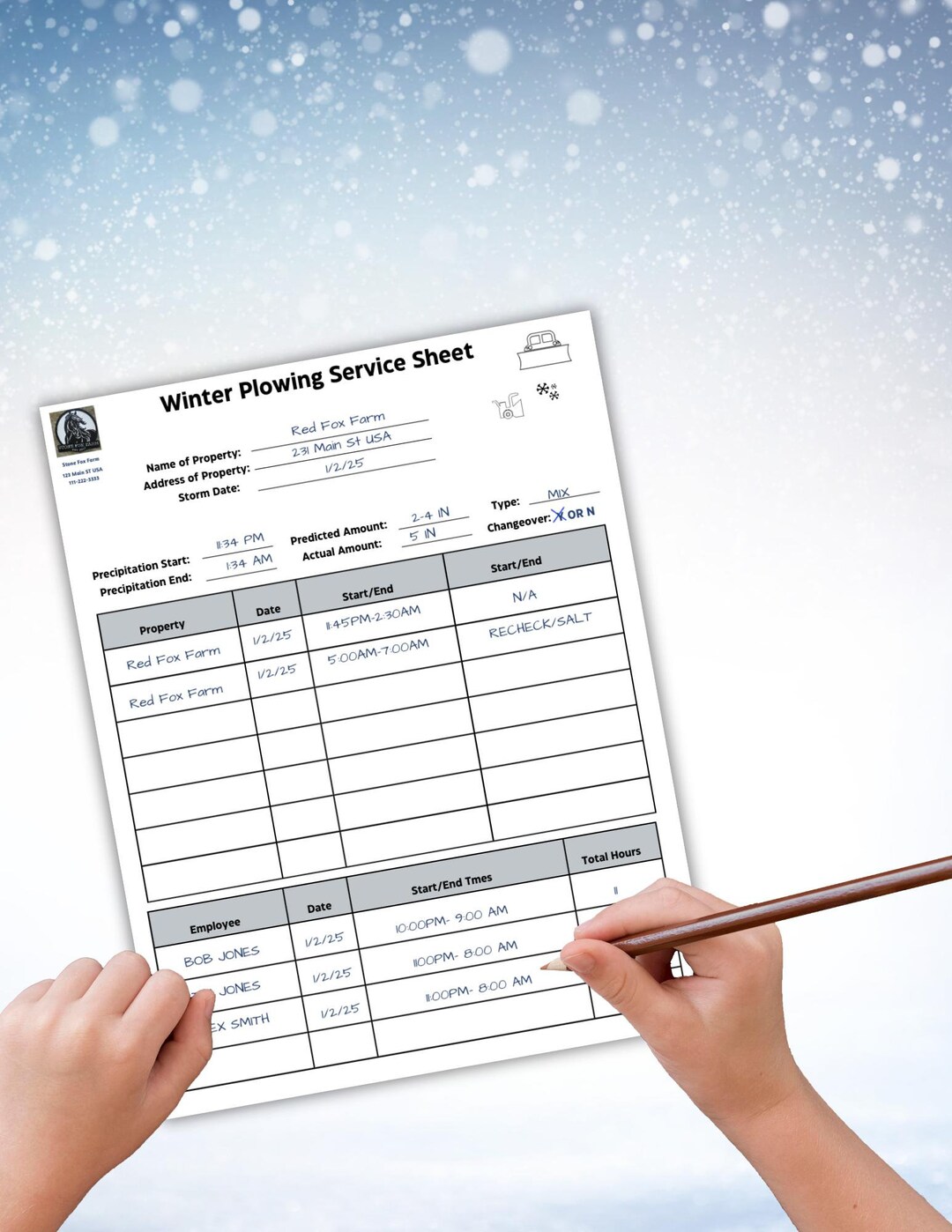 Printable Commercial Snow Plowing Service Sheet, Small Business Plowing