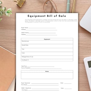 Puede incluir: Un formulario imprimible de factura de venta de equipo con campos para la información del comprador y del vendedor, los detalles del equipo, el precio de venta, la forma de pago, las notas y las firmas. El formulario está diseñado para registrar la transferencia de propiedad del equipo.