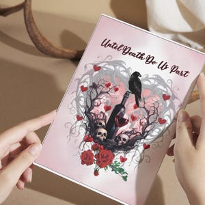 Druckbare Gothic Gothic Dark Humor Karte zum Valentinstag, bis der Tod uns scheidet dunkle Liebe, Gothic Grußkarte für einen fröhlichen Valentinstag