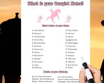 Cowgirl Name Game: Printable Western Party Activity, cowgirl themed party, western themed party game, cowgirl shower or birthday activity