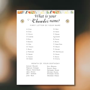 Puede incluir: Una tarjeta blanca con el texto "What is your Chowder name?" enumera opciones para nombres y meses de nacimiento para generar un "nombre de sopa" único. Imágenes decorativas de acuarela de comida en la parte superior.