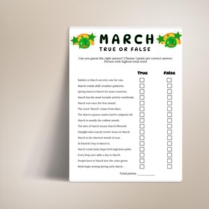 March True or False Game, March Trivia game, Classroom March True/False trivia game,March family game night trivia, pub trivia,March games image 8