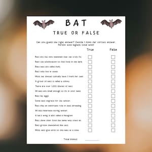 Bat True or False Game, Bat Trivia, Bat Quiz Halloween Trivia Game, Printable Halloween Bat Quiz, Halloween Party Activity
