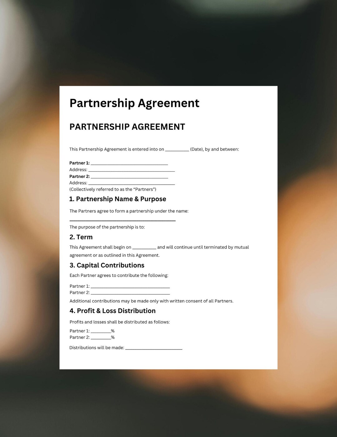 Editable Partnership Agreement Template, Business Partnership Contract ...