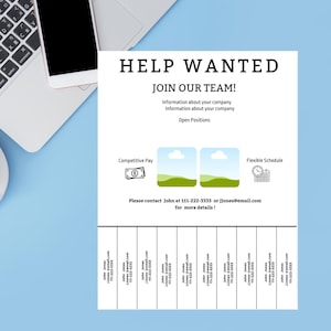 May include: Help Wanted sign with a laptop and phone on a blue background. The sign says "Help Wanted, Join Our Team!" and lists competitive pay and flexible schedule as benefits. It also includes a phone number and email address for contact.