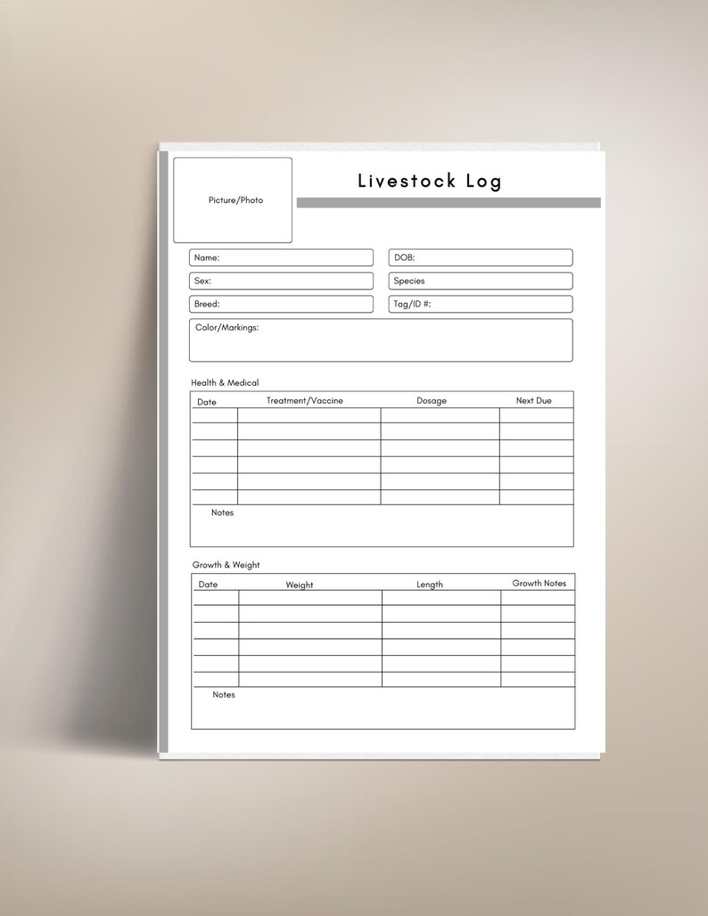 May include: A white livestock log sheet with a grey header reading "Livestock Log." The sheet includes sections for picture, name, sex, breed, colour, DOB, species, tag ID, health, medical, growth, and weight.
