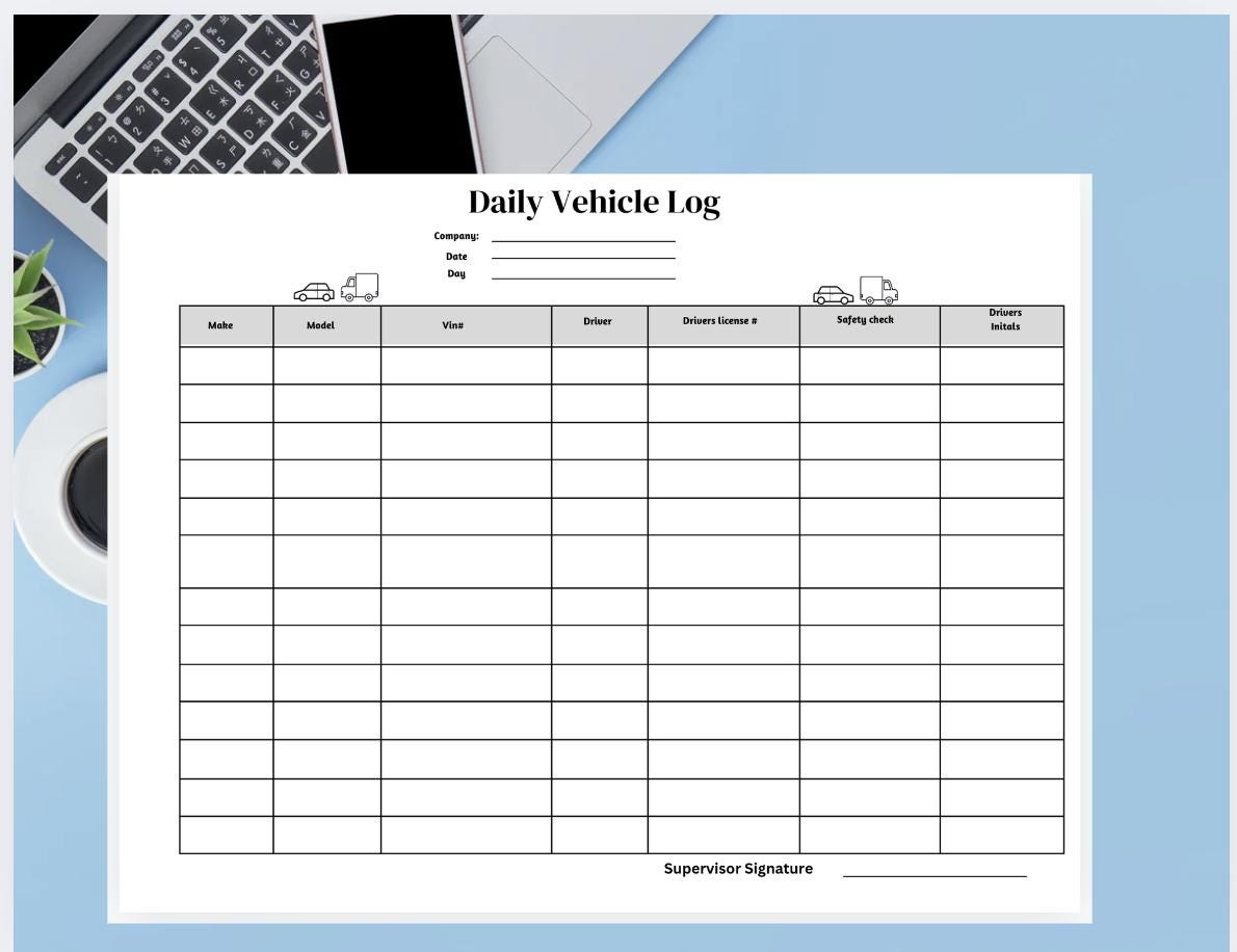 Printable Company Vehicle Log,fleet Management Tracker, Vehicle ...