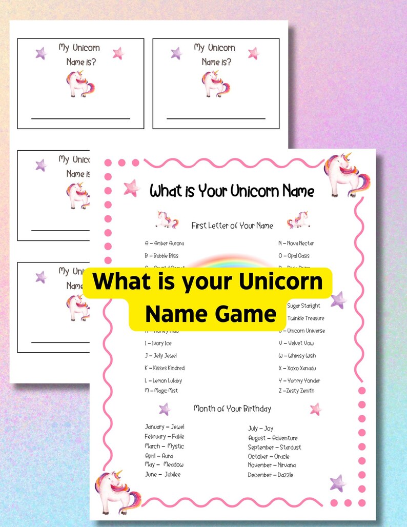 Unicorn Name Game Printable,magical Unicorn Birthday Party Activity ...
