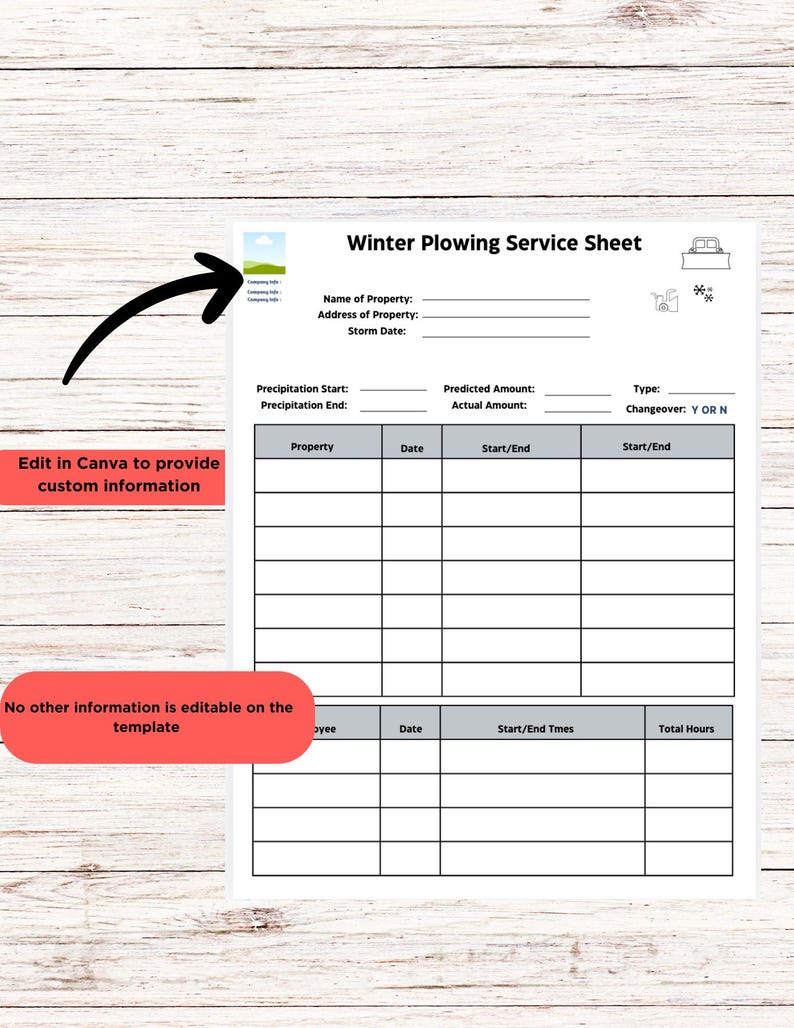 Printable Commercial Snow Plowing Service Sheet, Small Business Plowing