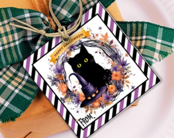 Etiqueta de regalo de Halloween, etiqueta de regalo de otoño/Halloween con temática de gato negro, etiqueta de regalo de Halloween de gato negro: etiquetas de regalo imprimibles, regalos de Halloween