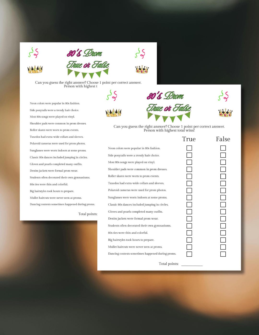 1980's Prom Themed True or False Trivia Game, 80's Prom Themed Party ...