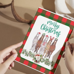 Cartão de Feliz Natal para impressão com cavalo, cartão bonito para equinos, cartão de Natal equestre, cartão de férias para amantes de cavalos, cartão de Natal de fazenda