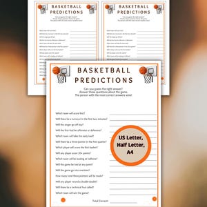 May include: Basketball Predictions game sheets with questions about the game. The sheets have a basketball hoop graphic and the text "Basketball Predictions". Includes options for US Letter, Half Letter, and A4 sizes.