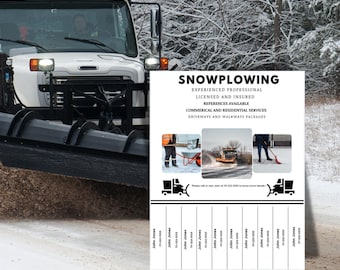 Puede incluir: Un camión quitanieves blanco despejando una carretera cubierta de nieve. La imagen incluye un folleto con el texto "SNOWPLOWING" y detalles sobre los servicios ofrecidos, incluidas opciones comerciales y residenciales. El fondo muestra árboles cubiertos de nieve.