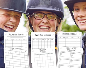 Può includere: Quattro fogli stampabili in bianco e nero per un evento di equitazione. I fogli includono: Iscrizione volontari, Foglio di iscrizione snack, Calendario eventi, Calendario mensile, Calendario allenamenti e Informazioni di contatto cavalieri.