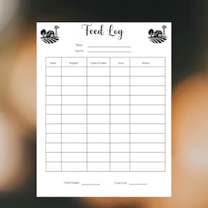 Op de afbeelding: Een wit Feed Log-blad met een zwarte kop en raster. De kop bevat de tekst "Feed Log" in een scriptlettertype en velden voor Jaar en Boerderij. Het raster heeft kolommen voor Datum, Gewicht, Type Voer, Kosten en Opmerkingen. Boerderij-thema illustraties staan bovenaan.