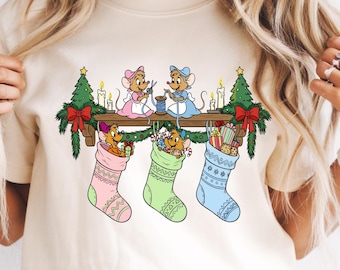 Retro Jaq Gus Gus Christmas Shirt Princess Cinderella Mouse Stocking WDW Disneyland Family trip Christmas matching shirt