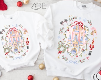 Disney Coquette Bow Christmas Sweatshirt ,Mickey xmas Shirt, Disney Magic Castle Christmas Sweater, Disney Trip Shirt Nutcracker