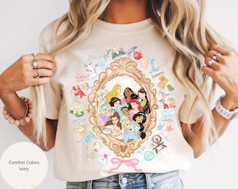 Camiseta retro de lazos coquetos de princesas Disney con firmas Disney Aurora Ariel Bella Cenicienta Tiana Camiseta Magic Kingdom Disneyland Viaje de chicas