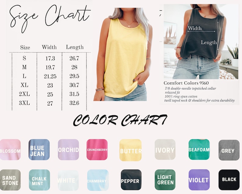 May include: Image featuring a size chart with measurements in inches and a color chart with various hues. The image also shows a yellow tank top and a gray tank top. The text includes "Comfort Colors 9360".