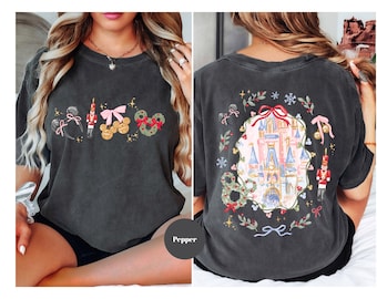 Comfort Color® Disney Christmas Magic Castle  Shirt Mickey Ear Xmas Shirt Coquette Bow Disney Christmas Disney Trip Shirt