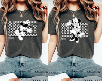 Checkered Mickey Mouse, Disney 1928 Shirt, Disney Retro Mickey Tee, Cute Disney Shirt, Disney Mickey Minnie Checkered Shirts, Disney couples