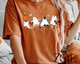 Comfort Colors Pooh Ghost and friends Halloween Shirt, Spooky Season Tee,Winnie and friends Shirt, Halloween Women's, Bear and Friend Autumn