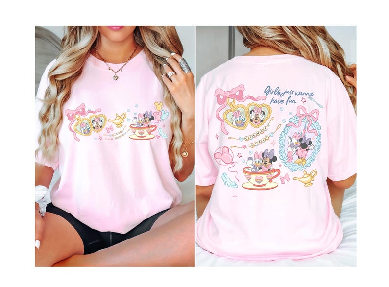 May include: A pale pink t-shirt with a cartoon design featuring Minnie and Daisy Mouse. The front design includes teacups, bows, and a magic lamp. The back of the shirt has the text "Girls just wanna have fun."