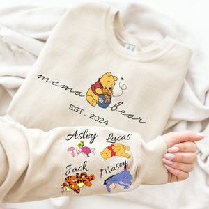 Personalized Mama Bear Winnie The Pooh Sweatshirt,Custom Mom Sweatshirt, Gift for Mothers Day,Custom Mama Sweatshirt With Kid Name On Sleeve