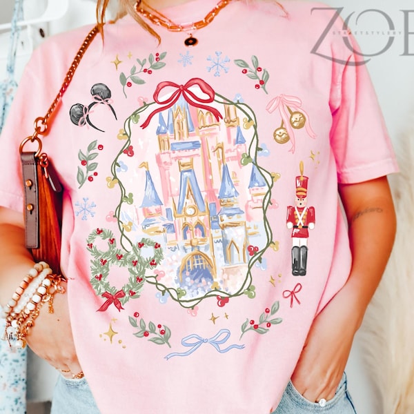 Disney Coquette Bow Christmas Castle T Shirt, Xmas Gift , Merry Christmas   Shirt, Mickey and Friends Christmas Shirt,Disney Christmas Shirt