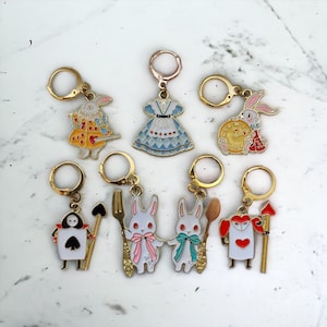 Alice in Wonderland Charms - Set of 7 Gold Enamel Charms Crochet and Knitting Stitch Markers, Notions, Progress Keepers, Keychain