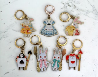 Alice in Wonderland Charms - Set of 7 Gold Enamel Charms Crochet and Knitting Stitch Markers, Notions, Progress Keepers, Keychain