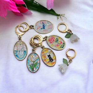 Stained Glass Themed Crochet & Knitting Stitch Markers - Set of 7 Enamel Gold Charms, Flower, Cat, Swan, Dove