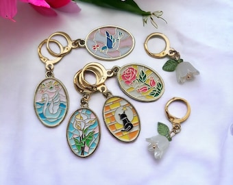 Stained Glass Themed Crochet & Knitting Stitch Markers - Set of 7 Enamel Gold Charms, Flower, Cat, Swan, Dove