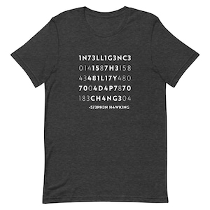 May include: Dark grey t-shirt with white text that reads: 1N73LL1G3NC3 0141587H3158 43481L17Y480 7004D4P7870 183CH4NG304 -573PH3N HAWKING