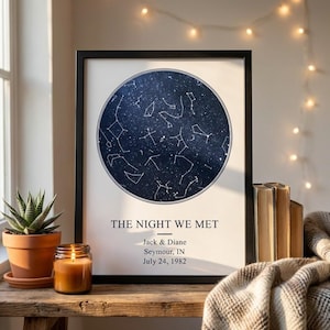 May include: Framed print featuring a dark blue celestial map with constellations. The text "THE NIGHT WE MET" is below the map, along with names, a location, and a date. A lit candle and a potted succulent are on a wooden surface.