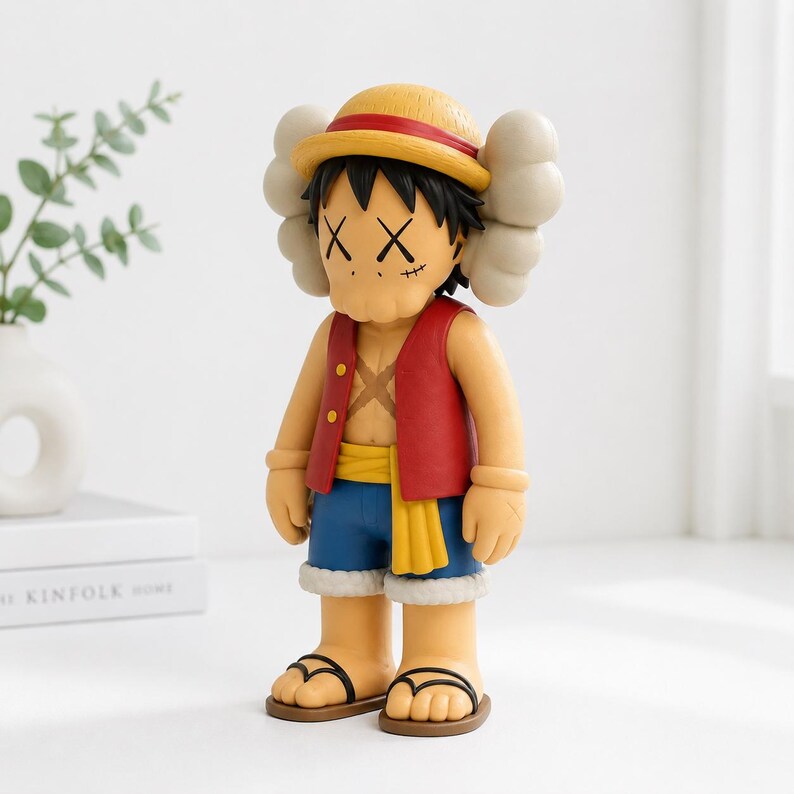 May include: A collectible vinyl figure of a character wearing a yellow straw hat with a red band, a red open vest, blue shorts with a yellow sash, and sandals. The figure features black hair, X-shaped eyes, and a cross-shaped scar on the chest.