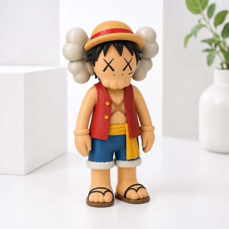 May include: A collectible vinyl figure of a character wearing a straw hat with a red band, a red vest, blue shorts, and sandals. The figure features black hair, an X-shaped scar on the chest, and signature cross-shaped eyes with gray cloud-like ears.