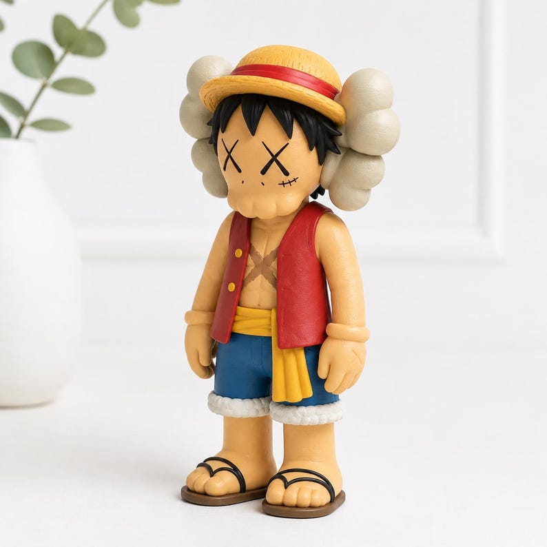 May include: A collectible vinyl figure of a character wearing a yellow straw hat with a red band, a red open vest, blue shorts with a white hem, and a yellow sash. The figure has tan skin, black hair, X-shaped eyes, and white cloud-like ears.