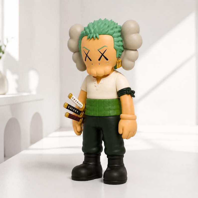 May include: A collectible vinyl figure featuring a character with green hair, X-shaped eyes, and large gray ear-like appendages. The figure wears a white shirt, a green sash, dark green pants, and black boots, with three miniature swords at the side.
